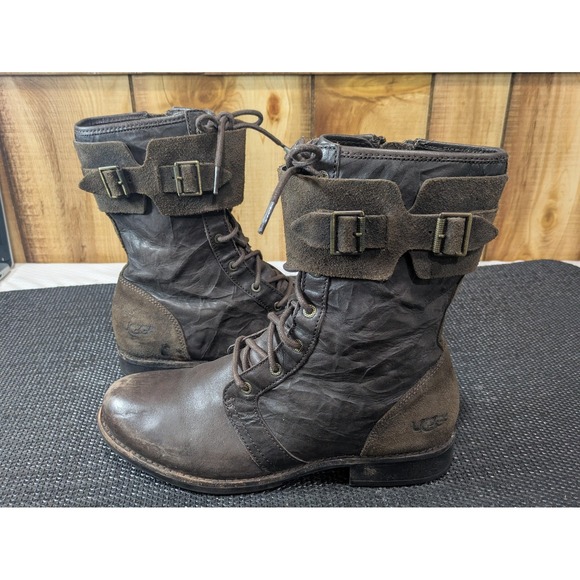 UGG Shoes - UGG Boots Womens Size 10 Brown Leather Lace Up Combat Mid Calf Buckle 1007672